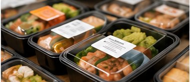 Assortment of prepared meal trays with vegetables and rice